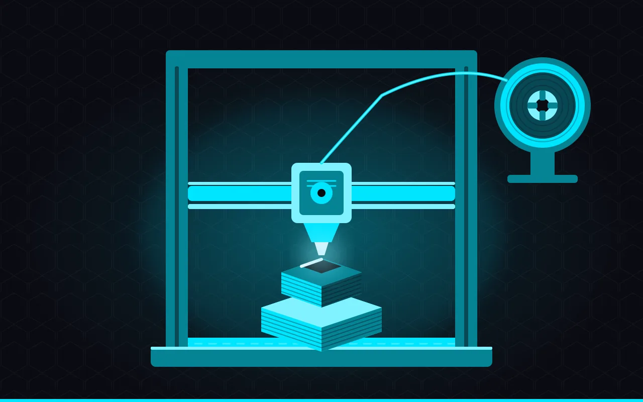 Flat-vector illustration of an FDM 3D printer mid-print, nozzle laying down a geometric hexagonal part on the bed, filament feeding from a spool